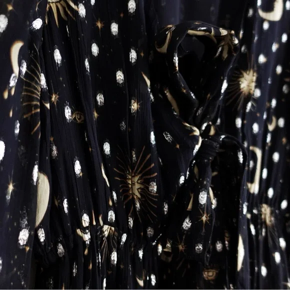 J. Crew Black and Gold Long Sleeve Celestial Moon and Stars Maxi Dress Small - Picture 8 of 10